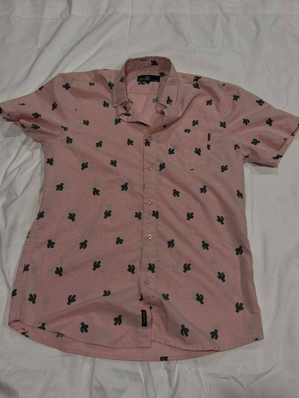 Molokai Surf Co Light Pink Cactus Print Short Sleeve Button Down